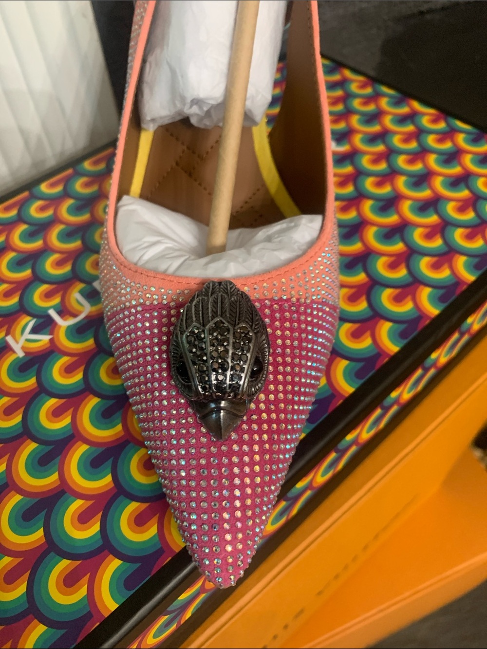 Kurt Geiger Pink Crystal Pointed Slingback Mule with Silver Medallion - Picture 2 of 8